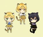  3girls :o animal_ears animal_print arizonan_jaguar_(kemono_friends) arm_at_side bangs black_eyes black_hair black_jaguar_(kemono_friends) bow bowtie brown_hair chibi closed_mouth elbow_gloves empty_eyes eyebrows_visible_through_hair full_moon fur_scarf furrowed_eyebrows gloves green_eyes hand_on_hip hands_up jaguar_(kemono_friends) jaguar_ears jaguar_print jaguar_tail jyan_borii kemono_friends looking_at_viewer looking_to_the_side medium_hair moon multicolored multicolored_eyes multicolored_hair multiple_girls orange_eyes orange_hair parted_lips print_legwear print_skirt scarf shirt short_sleeves simple_background skirt smile standing suspender_skirt suspenders tail thighhighs two-tone_hair yellow_background yellow_eyes zettai_ryouiki 