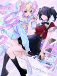  2girls :d absurdres ame-chan_(needy_girl_overdose) bangs belt black_hair black_legwear black_ribbon black_skirt blonde_hair blue_bow blue_eyes bow breasts buttons collar collarbone cursor double-breasted hair_bow hair_ornament hair_over_one_eye heart high_collar highres holding holding_phone kneehighs kneeling large_breasts long_sleeves lying mazamuno miniskirt multicolored_hair multiple_girls neck_ribbon needy_girl_overdose omgkawaiiangel-chan on_back phone photo_(object) pink_hair pleated_skirt red_bow red_shirt ribbon sailor_collar shirt shirt_tucked_in short_sleeves skirt smile star_(symbol) suspender_skirt suspenders teeth two_side_up upper_teeth white_bow white_collar x_hair_ornament 
