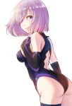  1girl absurdres ass asymmetrical_legwear back_cutout bangs black_gloves black_leotard blue_legwear breasts closed_mouth elbow_gloves fate/grand_order fate_(series) from_side gloves highres huge_filesize itou_kazuki leaning_forward leotard looking_at_viewer mash_kyrielight medium_breasts purple_eyes purple_hair shiny shiny_hair short_hair sideboob simple_background single_thighhigh smile solo swept_bangs thighhighs white_background 