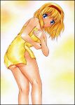  1girl alice_margatroid ass blonde_hair blue_eyes closed_mouth from_side hairband leaning_forward long_hair looking_at_viewer naked_towel red_hairband shiny shiny_hair shiny_skin solo standing touhou towel yadokari_genpachirou yellow_towel 