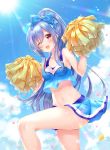  1girl ;d aoba_project aoba_rena bare_arms bare_legs bare_shoulders blue_bow blue_hair blue_shirt blue_skirt blue_sky bow breasts cheerleader cloud collarbone confetti cowboy_shot crop_top crop_top_overhang day groin hair_bow hands_up highres holding_pom_poms knee_up long_hair looking_at_viewer medium_breasts midriff miniskirt navel one_eye_closed open_mouth outdoors pleated_skirt pom_poms ponytail red_eyes sakura_moyon shirt sidelocks skirt sky sleeveless sleeveless_shirt smile solo standing standing_on_one_leg stomach sun sunlight thighs very_long_hair 