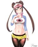 1girl artist_name back_bow bangs black_legwear blue_eyes blush bow bra breasts brown_hair closed_mouth collarbone cowboy_shot double_bun hand_up happy head_tilt highres knsei long_hair long_sleeves looking_at_viewer medium_breasts mei_(pokemon) micro_shorts midriff navel pantyhose pink_bow pink_bra pink_headwear poke_ball_symbol poke_ball_theme pokemon pokemon_(game) pokemon_bw2 raglan_sleeves shiny shiny_hair shiny_skin shirt short_shorts shorts simple_background smile solo standing stomach tied_hair twintails underwear visor_cap watermark white_background white_shirt yellow_shorts 