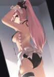  1girl arms_up ass black_bra black_gloves black_panties bra brown_eyes cowboy_shot dutch_angle fire_emblem fire_emblem_awakening from_behind from_below front-tie_bra gloves half_gloves high_ponytail long_hair looking_at_viewer olivia_(fire_emblem) panties pink_hair skeptycally solo standing thigh_strap tying_hair underwear untied untied_bra very_long_hair 