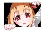 1girl bangs black_background blonde_hair blunt_bangs blush bright_pupils commentary eyebrows_visible_through_hair fourth_wall hair_ribbon head_tilt highres long_sleeves looking_at_viewer open_mouth red_eyes ribbon roco_(katsuya1011) rumia shirt short_hair solo thick_eyebrows touhou upper_body white_pupils white_shirt 