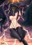  1girl adsouto angel_wings bat_wings black_hair black_wings blush boots breasts cleavage demon_wings feathered_wings grin hair_ribbon hat high_school_dxd highres himejima_akeno large_breasts large_wings lightning long_hair long_ponytail looking_at_viewer midriff navel police_hat ponytail purple_eyes revealing_clothes ribbon smile solo thigh_boots thighhighs underboob very_long_hair wings 