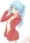  1girl barefoot blue_hair breasts character_request closed_mouth commentary_request copyright_request feet groin hyakuen_raitaa long_hair looking_at_viewer navel simple_background solo twintails white_background 