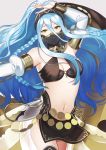  1girl aym_(ash3ash3ash) azura_(fire_emblem) bare_shoulders blue_hair braid breasts cleavage commentary_request cosplay dancer detached_sleeves fire_emblem fire_emblem_awakening fire_emblem_fates fire_emblem_heroes hairband long_hair midriff navel o-ring o-ring_top olivia_(fire_emblem) olivia_(fire_emblem)_(cosplay) ponytail side_braid side_braids small_breasts solo twin_braids veil yellow_eyes 