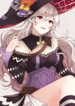  1girl aym_(ash3ash3ash) belt breasts cleavage commentary_request corrin_(fire_emblem) corrin_(fire_emblem)_(female) detached_collar dress fire_emblem fire_emblem_fates grey_background hat highres long_hair long_sleeves manakete medium_breasts parted_lips pointy_ears protected_link red_eyes short_dress simple_background solo white_hair witch_hat 