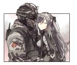  1boy 1girl ak-12_(girls_frontline) camouflage closed_eyes crossover deiar009 eyebrows_visible_through_hair eyes_visible_through_hair fuze_(rainbow_six_siege) gas_mask girls_frontline gloves goggles helmet hug military military_operator military_uniform rainbow_six_siege silver_hair smile uniform 
