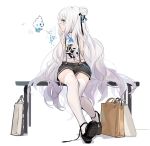  1girl alternate_costume arm_support azur_lane bag bare_arms bench black_choker black_footwear black_shorts blue_eyes casual choker contemporary crossover double_bun fine_fabric_emphasis food garter_straps gen_5_pokemon gradient_hair hair_ribbon highres ice_cream kinven le_malin_(azur_lane) long_hair looking_to_the_side multicolored_hair neck_ribbon open_mouth pokemon pokemon_(creature) pokemon_(game) ribbon shoe_soles shopping_bag short_shorts shorts silver_hair simple_background sitting suspender_shorts suspenders tank_top thighhighs vanillite very_long_hair white_background white_legwear 