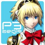  1girl aegis_(persona) asami_(undoundo) bangs black_hairband blonde_hair blue_eyes bow bowtie character_name closed_mouth copyright_name hairband lowres persona persona_3 red_bow red_neckwear shiny shiny_hair short_hair smile solo 
