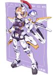 1girl absurdres black_bodysuit blonde_hair blue_eyes bodysuit breasts commentary_request gundam gundam_wing highres large_breasts looking_at_viewer mask mask_removed mecha_musume mechanical_arms mechanical_legs michi_kuso short_hair simple_background skin_tight solo tallgeese thrusters 