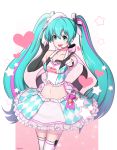  1girl absurdres alternate_costume aqua_eyes aqua_hair black_gloves blue_eyes collarbone commentary detached_sleeves elbow_gloves gloves green_eyes green_hair hatsune_miku heart highres long_hair looking_at_viewer navel open_mouth pink_ribbon pointing pointing_at_viewer racing_miku racing_miku_(2019) ribbon skirt smile solo thighhighs twintails two-tone_gloves very_long_hair vocaloid white_gloves yuno65 