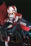 1girl anizi_(anizi9621) azur_lane bangs black_gloves black_pants blush breasts choker commentary eyebrows_visible_through_hair gloves ground_vehicle highres iron_cross large_breasts long_hair looking_at_viewer motor_vehicle motorcycle multicolored_hair pants prinz_eugen_(azur_lane) red_footwear red_gloves red_hair shoes silver_hair solo streaked_hair two-tone_gloves two_side_up white_footwear 