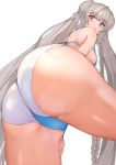  1girl alternate_costume ass ass_focus azur_lane bikini blue_bikini blush braid breasts closed_mouth double_bun eyebrows_visible_through_hair formidable_(azur_lane) formidable_(the_lady_of_the_beach)_(azur_lane) from_below from_side frown hand_on_thigh highres large_breasts long_hair looking_at_viewer looking_down platinum_blonde_hair red_eyes sikijou77o solo swimsuit twintails very_long_hair white_background 
