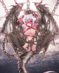 1girl akina_t anger_vein arms_up bahamut_(shingeki_no_bahamut) beltbra bound bound_arms bound_wings breasts chain claws commentary_request dragon_girl dragon_horns dragon_tail dragon_wings eyebrows_visible_through_hair eyepatch granblue_fantasy highres horns large_breasts personification red_eyes restrained scales solo suspension tail tied_up white_hair wings 