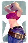  1girl armpits bare_shoulders belt blonde_hair blue_eyes blue_mary breasts closed_mouth commentary crop_top large_breasts midriff navel rejean_dubois short_hair solo star straight_hair the_king_of_fighters 