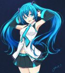  1girl :d absurdres armpits black_skirt black_sleeves blue_background blue_eyes blue_hair blue_neckwear collared_shirt cowboy_shot detached_sleeves dress_shirt floating_hair hair_between_eyes hatsune_miku headphones headset highres long_hair long_sleeves looking_at_viewer microphone midriff miniskirt open_mouth pleated_skirt shirt signature sketch skirt sleeveless sleeveless_shirt smile solo standing stomach thighhighs twintails very_long_hair vocaloid white_shirt wing_collar ycums zettai_ryouiki 