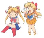  2girls :p ;d aino_minako arm_behind_head bishoujo_senshi_sailor_moon blonde_hair blue_sailor_collar blue_skirt boots bow chibi choker closed_eyes double_bun eyebrows_visible_through_hair full_body gloves hair_bow knee_boots knees_together_feet_apart long_hair multiple_girls one_eye_closed open_mouth orange_footwear orange_sailor_collar orange_skirt pleated_skirt red_bow red_footwear sailor_collar sailor_moon sailor_senshi_uniform sailor_venus skirt smile tongue tongue_out tsubobot tsukino_usagi twintails v white_background white_gloves 