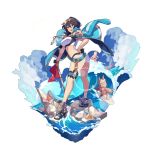  1girl ass belt black_hair breasts celliera dragalia_lost eyewear_on_head flag garters hand_on_hip high_heels jacket_on_shoulders large_breasts lens_flare looking_at_viewer non-web_source ocean official_art open_mouth saitou_naoki sandals short_hair smile solo sports_bra sunglasses surfing swimsuit target transparent_background water waves 