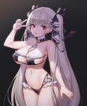  1girl azur_lane bangs bare_shoulders between_breasts bikini black_bikini blush breasts cleavage covered_nipples cowboy_shot detached_collar eyebrows_visible_through_hair eyepatch_bikini formidable_(azur_lane) frilled_bikini frills grey_hair groin hair_ribbon hand_up highres jewelry large_breasts long_hair looking_at_viewer navel pn_(wnsl216) red_eyes ribbon simple_background solo stomach swimsuit twintails two-tone_ribbon v very_long_hair 