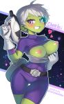  1girl 2019 :d belt blush bodysuit breasts breasts_outside character_name cheelai cowboy_shot dated dragon_ball dragon_ball_super dragon_ball_super_broly flashing gloves green_skin gun half-closed_eyes holding holding_gun holding_weapon looking_at_viewer medium_breasts nipples open_mouth purple_eyes ros short_hair smile solo teeth weapon white_background 