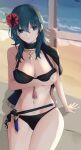  1girl absurdres alternate_costume arm_under_breasts beach bikini black_bikini black_capelet black_swimsuit blue_eyes blue_hair blurry blurry_background breast_hold breasts byleth_(fire_emblem) byleth_(fire_emblem)_(female) capelet cleavage closed_mouth commentary cowboy_shot dagger day expressionless eyebrows_visible_through_hair fire_emblem fire_emblem:_three_houses fire_emblem_heroes flower hair_between_eyes hair_flower hair_ornament hibiscus highres knife kyousuzu large_breasts looking_to_the_side medium_breasts navel ocean official_alternate_costume outdoors red_flower scabbard sheath sheathed sitting skindentation solo stomach sunlight swimsuit tassel thighs weapon 