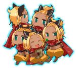  7th_dragon 7th_dragon_(series) :&gt; blonde_hair chibi dark_skin drop390_(sakuma) forehead green_eyes hair_ribbon hatch_(7th_dragon) looking_at_viewer lowres midriff multiple_girls ribbon rogue_(7th_dragon) scarf smile 