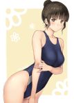 1girl bangs black_hair black_swimsuit blunt_bangs border brown_eyes collarbone commentary_request competition_swimsuit cowboy_shot hair_bun hanasaku_iroha highleg highleg_swimsuit highres leaning_forward long_hair looking_at_viewer nozomi-y one-piece_swimsuit oshimizu_nako solo standing swimsuit two-tone_background white_border yellow_background 
