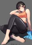  1girl arm_support arm_up barefoot black_hair black_legwear blush closed_mouth collarbone expressionless feet full_body grey_background hand_up highres kagematsuri leggings looking_at_viewer mole mole_under_mouth original purple_hair short_hair simple_background solo sports_bra sutahiro_(donta) twitter_username 