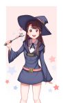  1girl absurdres bangs black_headwear brown_hair commentary hat highres holding holding_wand kagari_atsuko little_witch_academia long_hair looking_at_viewer red_eyes sleeves_past_wrists smile solo standing star upper_teeth wand witch_hat yuno65 