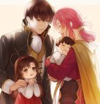  2boys 2girls :d altenna_(fire_emblem) aym_(ash3ash3ash) baby blush brother_and_sister brown_coat brown_eyes brown_hair cape closed_eyes coat commentary_request dress ethlyn_(fire_emblem) family father_and_daughter father_and_son fire_emblem fire_emblem:_genealogy_of_the_holy_war folded_ponytail hair_ornament hairband hairclip highres holding_baby husband_and_wife laughing leif_(fire_emblem) long_hair mother_and_daughter mother_and_son multiple_boys multiple_girls open_mouth pink_hair quan_(fire_emblem) red_dress red_hairband red_shirt shirt siblings smile yellow_cape younger 