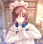  1girl aotsuki_kaoru begging blue_eyes brown_hair closed_mouth coat commentary_request dutch_angle eyebrows_visible_through_hair frills go-toubun_no_hanayome hair_between_eyes hair_ornament headphones headphones_around_neck highres indoors long_hair long_sleeves looking_at_viewer nakano_miku own_hands_together palms_together sleeves_past_wrists smile solo stove upper_body white_coat wooden_door 