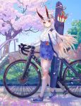 1girl absurdres arrow bicycle blue_shorts blue_sky casual cherry_blossoms commentary day fate/grand_order fate_(series) ground_vehicle hair_between_eyes highleg_shorts highres horns_through_headwear huge_filesize light_blush light_smile long_hair looking_at_viewer mitsudomoe_(shape) ningonmou oni_horns quiver red_eyes red_horns shirt shoes shorts sidewalk silver_hair sky sneakers solo tomoe_(symbol) tomoe_gozen_(fate/grand_order) tree visor_cap white_shirt 