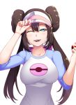  1girl ;d arata bangs blue_eyes bow breasts brown_hair collarbone double_bun hair_between_eyes highres holding holding_poke_ball large_breasts long_hair looking_at_viewer mei_(pokemon) one_eye_closed open_mouth pink_bow poke_ball poke_ball_(generic) poke_ball_print pokemon pokemon_(game) pokemon_bw2 raglan_sleeves red_nails simple_background smile solo twintails upper_body upper_teeth very_long_hair visor_cap white_background 
