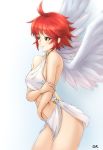 1girl ahoge angel_wings artist_name closed_mouth cowboy_shot deekei feathered_wings fire_emblem fire_emblem_fates groin highres hinoka_(fire_emblem) midriff red_eyes red_hair short_hair sleeveless solo standing stomach white_wings wings 