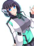  1girl bangs black_hair black_legwear blue_eyes blunt_bangs breasts dutch_angle eyebrows_visible_through_hair headgear humagear_headphones izu_(kamen_rider_01) kamen_rider kamen_rider_01_(series) looking_at_viewer megane_man short_hair simple_background smile solo white_background 