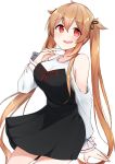  1girl bare_shoulders black_dress black_ribbon cowboy_shot dress hair_ribbon highres kantai_collection light_brown_hair long_hair long_sleeves looking_at_viewer murasame_(kantai_collection) red_eyes ribbon sakikumo_(sakumo) simple_background smile solo twintails two-tone_dress white_background 