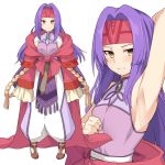  1girl armpits bangs blush brown_eyes clothing_request commentary_request copyright_request fire_emblem fire_emblem:_radiant_dawn full_body long_hair looking_at_viewer multiple_views parted_bangs pink_shirt purple_hair sanaki_kirsch_altina shirt shiseki_hirame simple_background smile tagme wavy_mouth white_background 