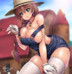  1girl :d aqua_eyes areolae bangs bell blue_overalls blush braid breasts brown_hair cleavage cow_bell dated eyebrows_visible_through_hair gloves hair_between_eyes hand_on_own_thigh hat kamogawa_tanuki leaning_forward long_hair looking_at_viewer naked_overalls open_mouth original overall_shorts overalls shiny shiny_hair shiny_skin signature single_braid skindentation smile solo strap_slip straw_hat thighhighs twitter_username white_gloves white_legwear 