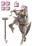  1girl :d angry armor armored_boots belt belt_pouch boots breasts character_sheet commentary_request earrings expressions full_body gauntlets hair_ribbon hammer hammer_(seojh1029) happy highres jewelry jun_(seojh1029) large_breasts looking_at_viewer open_mouth original over_shoulder pink_eyes pink_hair pouch ribbon sad scarf shield smile solo surprised upper_teeth weapon weapon_over_shoulder white_background 