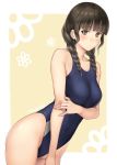  1girl bangs black_hair black_swimsuit blunt_bangs border braid brown_eyes collarbone competition_swimsuit cowboy_shot hair_over_shoulder hanasaku_iroha highleg highleg_swimsuit highres leaning_forward long_hair looking_at_viewer nozomi-y one-piece_swimsuit oshimizu_nako solo standing swimsuit twin_braids two-tone_background white_border yellow_background 