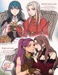  4girls :t arm_around_waist arm_tattoo blue_eyes blush braid brown_eyes brown_hair byleth_(fire_emblem) byleth_(fire_emblem)_(female) commentary_request dorothea_arnault eating edelgard_von_hresvelg english_text eye_contact eyebrows_visible_through_hair facial_tattoo finger_to_another&#039;s_mouth fingerless_gloves fire_emblem fire_emblem:_three_houses food gloves green_hair hamburger hooreng korean_commentary korean_text long_hair looking_at_another multiple_girls open_mouth petra_macneary ponytail purple_hair sandwich silver_hair sitting sitting_on_lap sitting_on_person smile tattoo translation_request wavy_hair yuri 