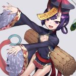  1girl :d bangs beppu_mitsunaka blue_background blush braid breasts china_dress chinese_clothes cleavage dress fang fate/grand_order fate_(series) fingernails hat hikimayu horns jiangshi long_hair looking_at_viewer oni open_mouth outstretched_arms peacock_feathers purple_eyes purple_hair qing_guanmao red_nails sash sharp_fingernails shuten_douji_(fate/grand_order) simple_background small_breasts smile solo talisman wide_sleeves zombie_pose 