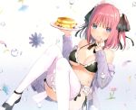  1girl 6u_(eternal_land) :q absurdres apron ass bare_shoulders bikini black_bikini black_footwear blue_eyes bow bowtie breasts cleavage collarbone convenient_leg detached_collar flower food go-toubun_no_hanayome hair_ornament halter_top halterneck hands_up highres holding holding_tray jacket large_breasts long_sleeves looking_at_viewer maid maid_apron maid_bikini maid_headdress mary_janes nail_polish nakano_nino off_shoulder open_clothes open_jacket pancake pink_hair purple_flower purple_jacket scan shoes short_hair side-tie_bikini smile solo swimsuit thighhighs tongue tongue_out tray v water white_legwear 