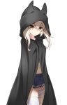  1girl ayanami_(azur_lane) azur_lane bangs black_cloak blue_skirt brown_eyes cloak closed_mouth commentary_request eyebrows_visible_through_hair hair_between_eyes hajikaji highres hood hood_up hooded_cloak light_brown_hair long_hair looking_at_viewer navel pleated_skirt simple_background single_thighhigh skirt solo thighhighs white_background white_legwear 