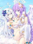  2girls angel angel_wings armlet black_heart blue_eyes blush braid breasts carrying cleavage eyebrows_visible_through_hair feathered_wings flower four_goddesses_online:_cyber_dimension_neptune garter_straps gloves grey_hair hair_flower hair_ornament halo jewelry joney large_breasts leotard long_hair looking_at_another multiple_girls neptune_(series) panties princess_carry purple_hair purple_heart smile symbol-shaped_pupils underwear very_long_hair white_gloves white_legwear white_panties white_wings wings yuri 