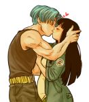  1boy 1girl ^_^ bangs belt black_hair black_shirt blue_hair blunt_bangs blush capsule_corp closed_eyes commentary couple dragon_ball dragon_ball_super english_commentary fingernails hands_on_another&#039;s_chest hands_on_another&#039;s_head happy heart hetero hime_cut jacket kiss long_hair lowres mai_(dragon_ball) muscle pants pregnant profile shirt sleeveless sleeveless_shirt smile spacey transparent_background trunks_(future)_(dragon_ball) very_long_hair 