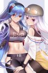  2girls absurdres azur_lane bare_shoulders baseball_cap belt black_gloves blue_hair breast_press breasts cleavage collarbone commentary_request crop_top enterprise_(anniversary_ride)_(azur_lane) enterprise_(azur_lane) essex_(a_trip_down_route_66)_(azur_lane) essex_(azur_lane) eternity_(pixiv8012826) eyebrows_visible_through_hair eyewear_on_head gloves hair_between_eyes hat headband highres hip_vent jacket large_breasts long_hair looking_at_viewer midriff multiple_girls navel off-shoulder_shirt off_shoulder parted_lips ponytail purple_eyes red_eyes shirt skindentation sweatband white_hair white_shirt 