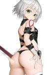  1girl :&lt; absurdres arm_belt ass bandaged_arm bandaged_hand bandaged_hands bandages bangs bare_shoulders belt belt_buckle black_belt black_panties black_shirt blush breasts buckle closed_mouth commentary_request dagger eyebrows_visible_through_hair facial_scar fate/apocrypha fate/grand_order fate_(series) from_behind frown green_eyes grey_hair hair_between_eyes highres holding holding_knife jack_the_ripper_(fate/apocrypha) knife looking_at_viewer looking_back nyatabe panties scar scar_across_eye scar_on_cheek shirt short_hair shoulder_tattoo simple_background sleeveless sleeveless_shirt small_breasts solo tattoo thighhighs thong underwear weapon white_background 
